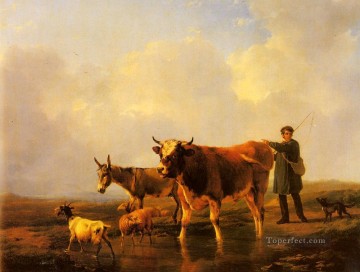 ユージン・ヨーゼフ・フェルベックホーフェン Painting - 湿原を渡るユージン・フェルベックホーフェンの動物の牛